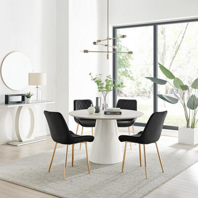 Furniturebox Uk Palma Beige Stone Effect Round Dining Table & 4 Black Pesaro Gold Leg Chairs - image 1