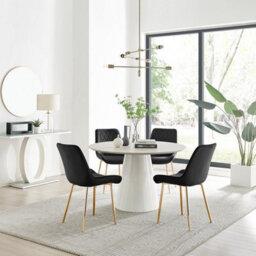 Furniturebox Uk Palma Beige Stone Effect Round Dining Table & 4 Black Pesaro Gold Leg Chairs - thumbnail 1
