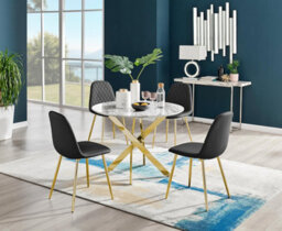 Furniturebox Uk Novara White Marble Gold Leg Round Dining Table & 4 Black Corona Gold Leg Chairs