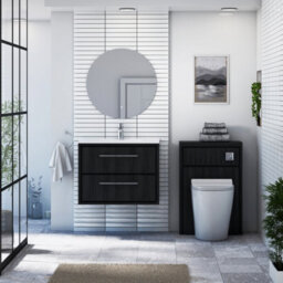Royal Bathrooms Livora 700mm Black Woodgrain Wall Hung Bathroom Vanity Unit 2 Drawer Storage Cabinet With Ceramic Basin - thumbnail 3