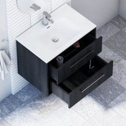 Royal Bathrooms Livora 700mm Black Woodgrain Wall Hung Bathroom Vanity Unit 2 Drawer Storage Cabinet With Ceramic Basin - thumbnail 4