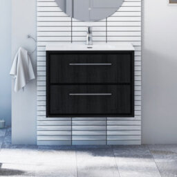 Royal Bathrooms Livora 700mm Black Woodgrain Wall Hung Bathroom Vanity Unit 2 Drawer Storage Cabinet With Ceramic Basin