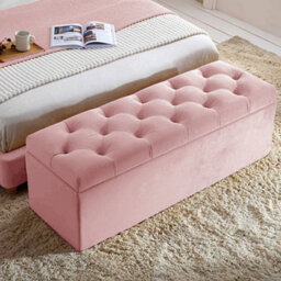 90Cm Chesterfield Ottoman Storage Box- Plush Velvet Shoe Bench - Pink Chesterfield Upholstered Blanket Box
