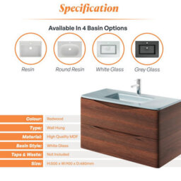 Plum&clay Eden Redwood Wall Hung Vanity Unit With White Glass Basin (W)900mm - thumbnail 7