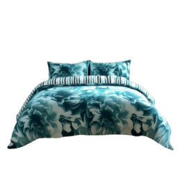 Duvet Cover And Pillowcase Set Reversible Rose And Stripe Design Polycotton Bed Linen Teal - thumbnail 2