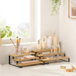 Songmics Dual Cabinet Organizer Shelf, Triple-Level Expandable Spice Storage System, Natural Beige And Ink Black - thumbnail 4
