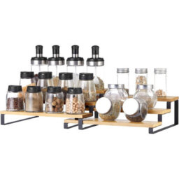 Songmics Dual Cabinet Organizer Shelf, Triple-Level Expandable Spice Storage System, Natural Beige And Ink Black - thumbnail 7