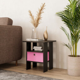 Urbn-Living Urbnliving 40Cm Height 2 Tier Black Wooden Table Bedside Nightstand 1 Pink Drawer Side