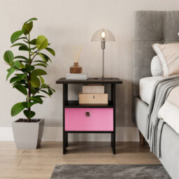 Urbn-Living Urbnliving 40Cm Height 2 Tier Black Wooden Table Bedside Nightstand 1 Pink Drawer Side - thumbnail 2