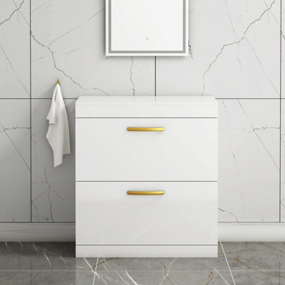 Royal Bathrooms Turin 800mm Gloss White Floor Standing Worktop Vanity Unit - 2 Drawer With Brushed Brass Handle - image 1