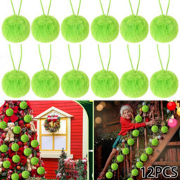 Amorly 12Pcs Lime Green Furry Christmas Bauble Ornaments, Faux Fur Pom Pom Balls, Stylish Hanging Decor For Xmas Tree Displays - thumbnail 1