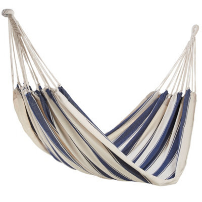 Vonhaus Garden Hammock, 2 Person Striped Hammock With Rope Attachments & Storage Bag, Polycotton Double Hammock, Blue & White - image 1