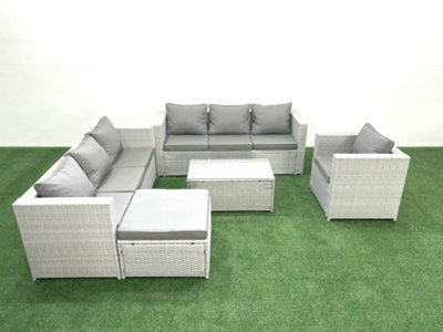 Fimous Wicker Pe Rattan Sofa Garden Furniture Set Armchair Oblong Coffee Table Big Stool Light Grey - image 1