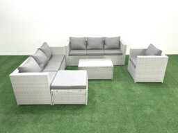 Fimous Wicker Pe Rattan Sofa Garden Furniture Set Armchair Oblong Coffee Table Big Stool Light Grey - thumbnail 2