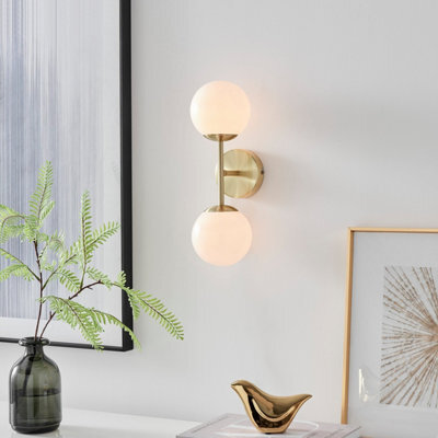 Furniturebox Uk Martha Wall Light With Opal Glass Globe Shades And Brushed Brass Base - image 1