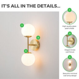 Furniturebox Uk Martha Wall Light With Opal Glass Globe Shades And Brushed Brass Base - thumbnail 2