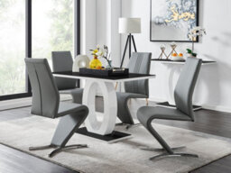 Furniturebox Giovani Rectangular 4 Seat White High Gloss Unique Halo Structural Dining Table Black Glass Top 4 Grey Faux Leather Willow Chairs