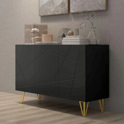 Black Sideboard Storage Cabinet Unit High Gloss Shelving Cupboard Living Room - thumbnail 1