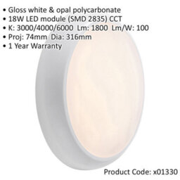 Gloss White Commercial Ip65 Bulkhead Light - 18W Cct Led Module - Slim Profile - thumbnail 2