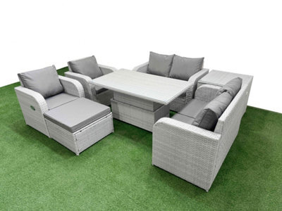 Fimous 7 Seater Outdoor Reclining Chair Love Sofa Set Rattan Garden Furniture Set Adjustable Lifting Table Footstool Side Table - image 1