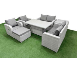 Fimous 7 Seater Outdoor Reclining Chair Love Sofa Set Rattan Garden Furniture Set Adjustable Lifting Table Footstool Side Table - thumbnail 1