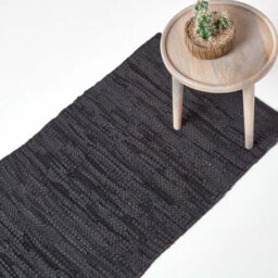 Homescapes Denver Leather Woven Rug Black, 66 X 200 Cm - thumbnail 1
