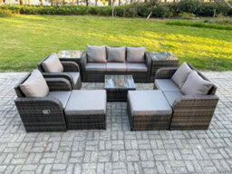 Fimous Rattan Garden Furniture 9 Piece Patio Set Table Sofa Chairs With 2 Big Footstool 2 Side Tables - thumbnail 2