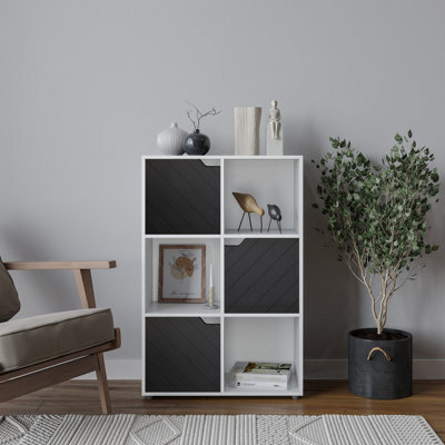 Urbn-Living Urbnliving 91Cm Height White Wooden 6 Cube Bookcase With Black Line Door Storage Shelving Cupboard - image 1