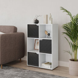 Urbn-Living Urbnliving 91Cm Height White Wooden 6 Cube Bookcase With Black Line Door Storage Shelving Cupboard - thumbnail 2
