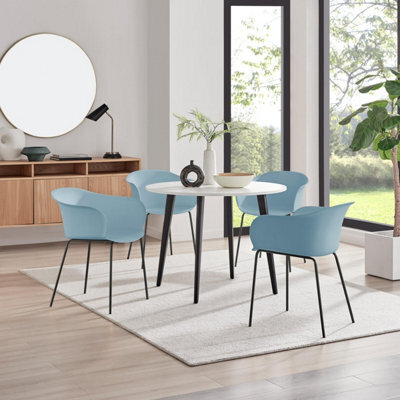 Furniturebox Uk Koko White Melamine Round Dining Table & 4 Blue Harper Black Leg Chairs - image 1