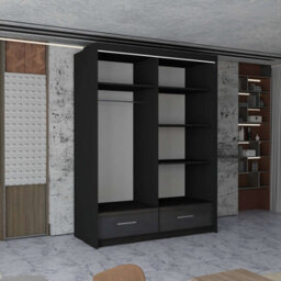 M N Furniture Ltd Wardrobe With Led Light Modern 2 Or 3 Sliding Doors-Mirrored Bedroom Cabinet With Drawers (Black,150Cm) - thumbnail 3