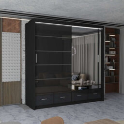 M N Furniture Ltd Wardrobe With Led Light Modern 2 Or 3 Sliding Doors-Mirrored Bedroom Cabinet With Drawers (Black,150Cm)