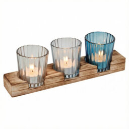 Urbn-Living Urbnliving 3 Glass Tea Light Candle Holders Coloured Votive Wooden Tray Set Home Décor Gift