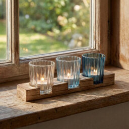 Urbn-Living Urbnliving 3 Glass Tea Light Candle Holders Coloured Votive Wooden Tray Set Home Décor Gift - thumbnail 4
