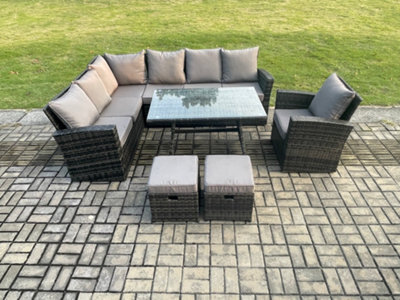 Fimous 9 Seater Outdoor Furniture Garden Dining Set Rattan Corner Sofa Set With 2 Small Footstools Dark Grey Mixed - image 1