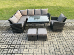 Fimous 9 Seater Outdoor Furniture Garden Dining Set Rattan Corner Sofa Set With 2 Small Footstools Dark Grey Mixed - thumbnail 1