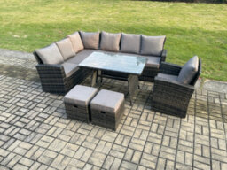 Fimous 9 Seater Outdoor Furniture Garden Dining Set Rattan Corner Sofa Set With 2 Small Footstools Dark Grey Mixed - thumbnail 2