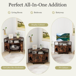 Costway Corner Cat Litter Box Enclosure Cat House Cabinet With Open Shelf - thumbnail 9