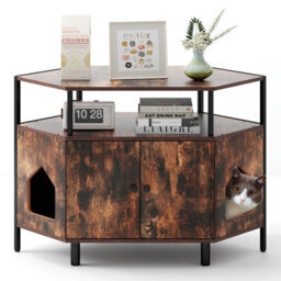 Costway Corner Cat Litter Box Enclosure Cat House Cabinet With Open Shelf - thumbnail 1