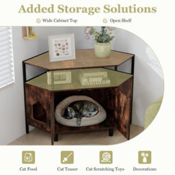Costway Corner Cat Litter Box Enclosure Cat House Cabinet With Open Shelf - thumbnail 4