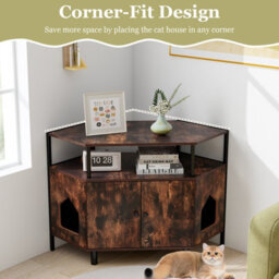 Costway Corner Cat Litter Box Enclosure Cat House Cabinet With Open Shelf - thumbnail 7