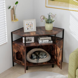 Costway Corner Cat Litter Box Enclosure Cat House Cabinet With Open Shelf - thumbnail 3