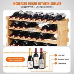 Vevor 36 Bottle Stackable Modular Wine Rack, 4-Tier Solid Bamboo Wood Storage Racks, Floor Freestanding Wines Holder - thumbnail 3