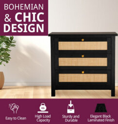 Hallowood Furniture Newquay Black Chest With 3 Drawer And Real Rattan Front - thumbnail 4