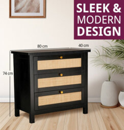 Hallowood Furniture Newquay Black Chest With 3 Drawer And Real Rattan Front - thumbnail 3
