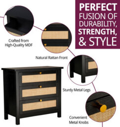 Hallowood Furniture Newquay Black Chest With 3 Drawer And Real Rattan Front - thumbnail 2