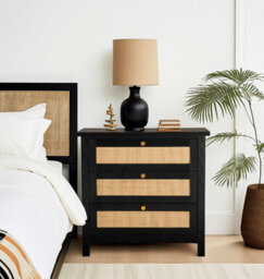 Hallowood Furniture Newquay Black Chest With 3 Drawer And Real Rattan Front - thumbnail 1