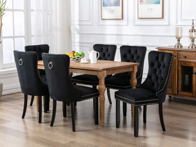 HomeTouch Set Of 6 Lux Velvet Kitchen Dining Chairs With Pull Knocker Ring Back Black Home Office Bedroom Chairs - image 1