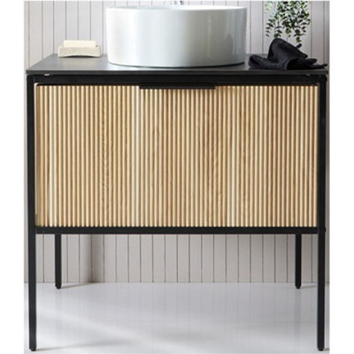 Homestylestore Black And Light Oak 800mm Bathroom Fluted Vanity Unit And 400mm Round Countertop Basin - image 1