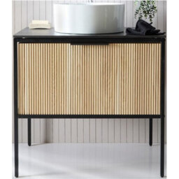Homestylestore Black And Light Oak 800mm Bathroom Fluted Vanity Unit And 400mm Round Countertop Basin - thumbnail 1
